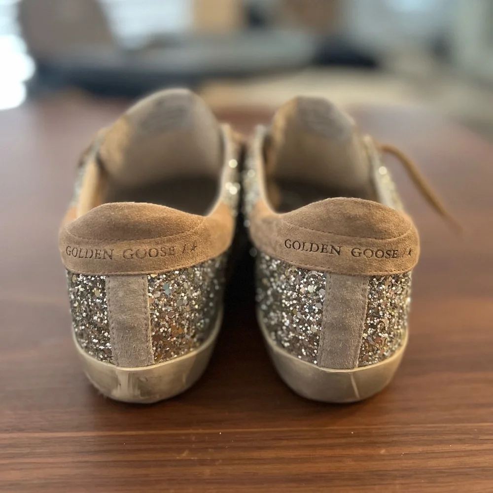 Golden Goose Beige and Silver Glitter Sneakers - Picture 6 of 16